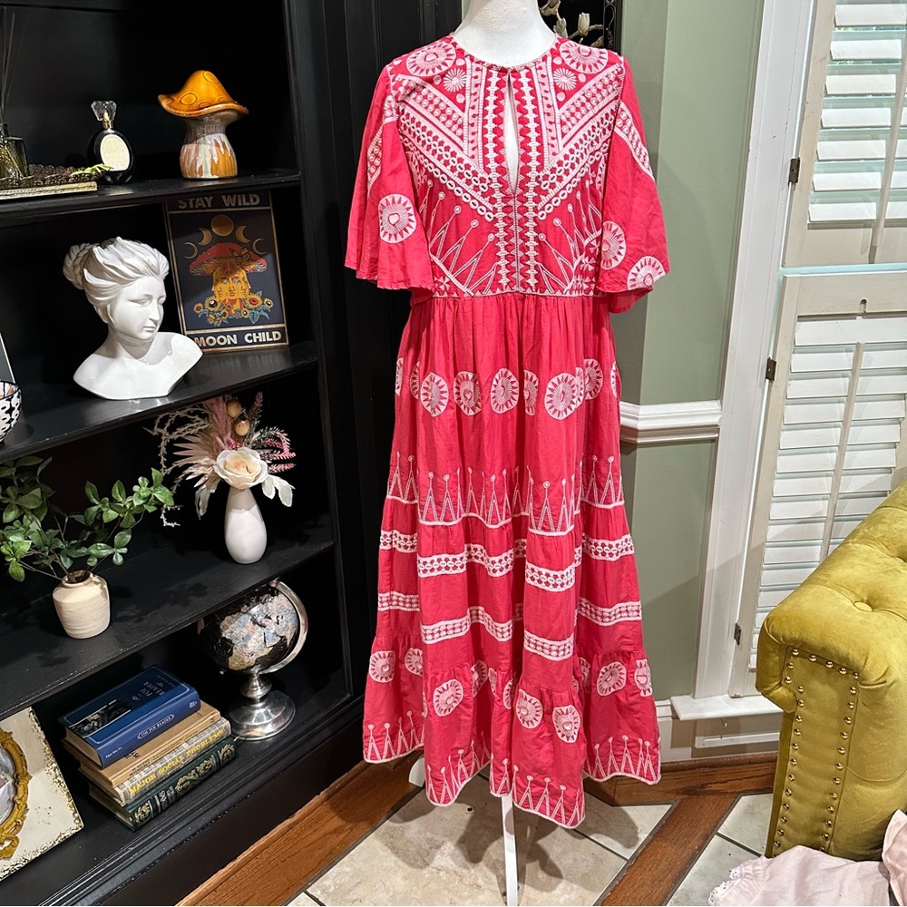 Oliphant Red & White Embroidered Midi Dress – Size M